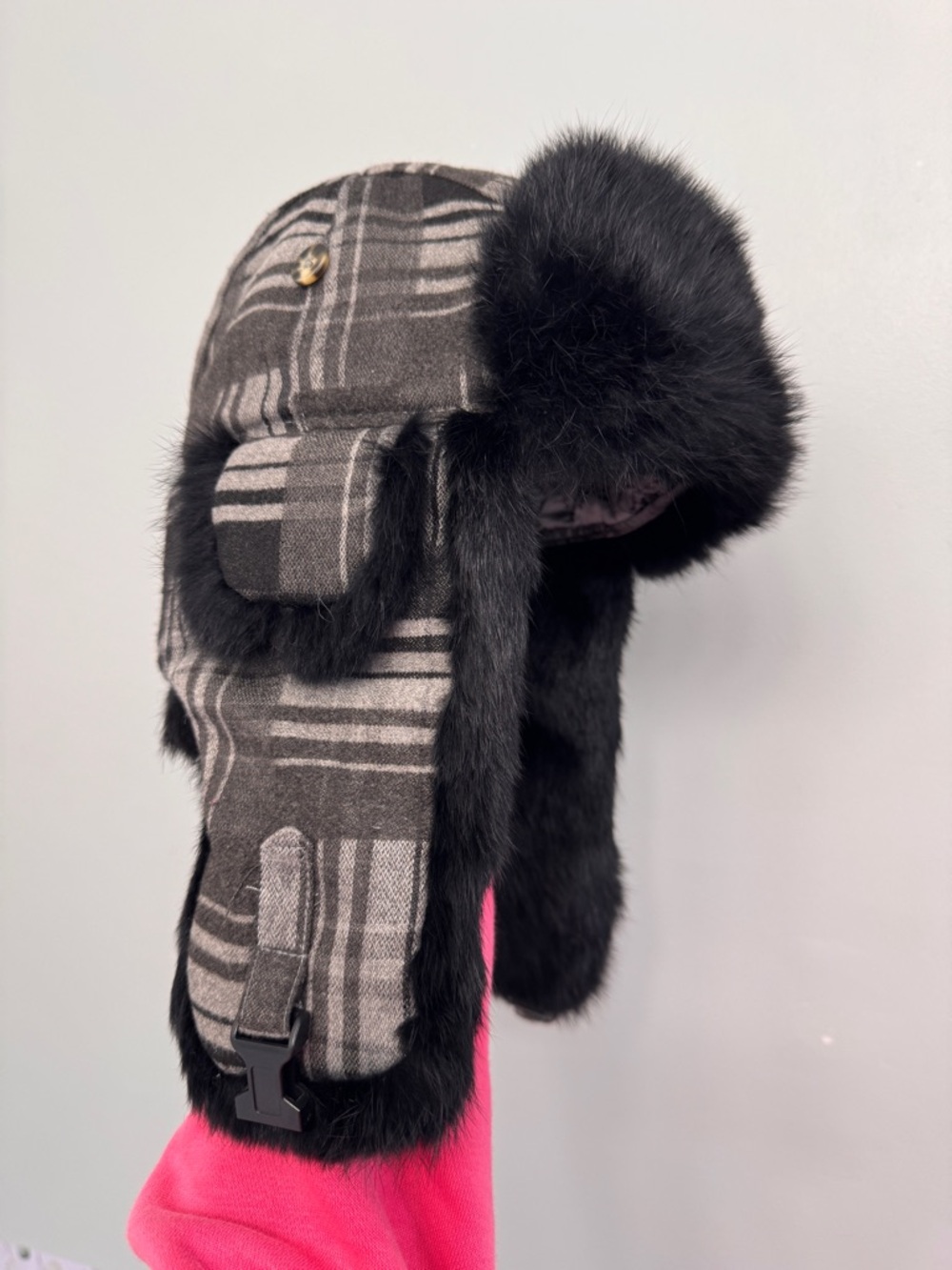 Mad Bomber Plaid Trapper Hat with Black Faux Fur Trim